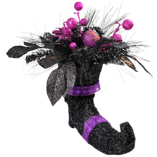 12" Black Witch's Boot with Purple Glittered Roses Halloween Decoration